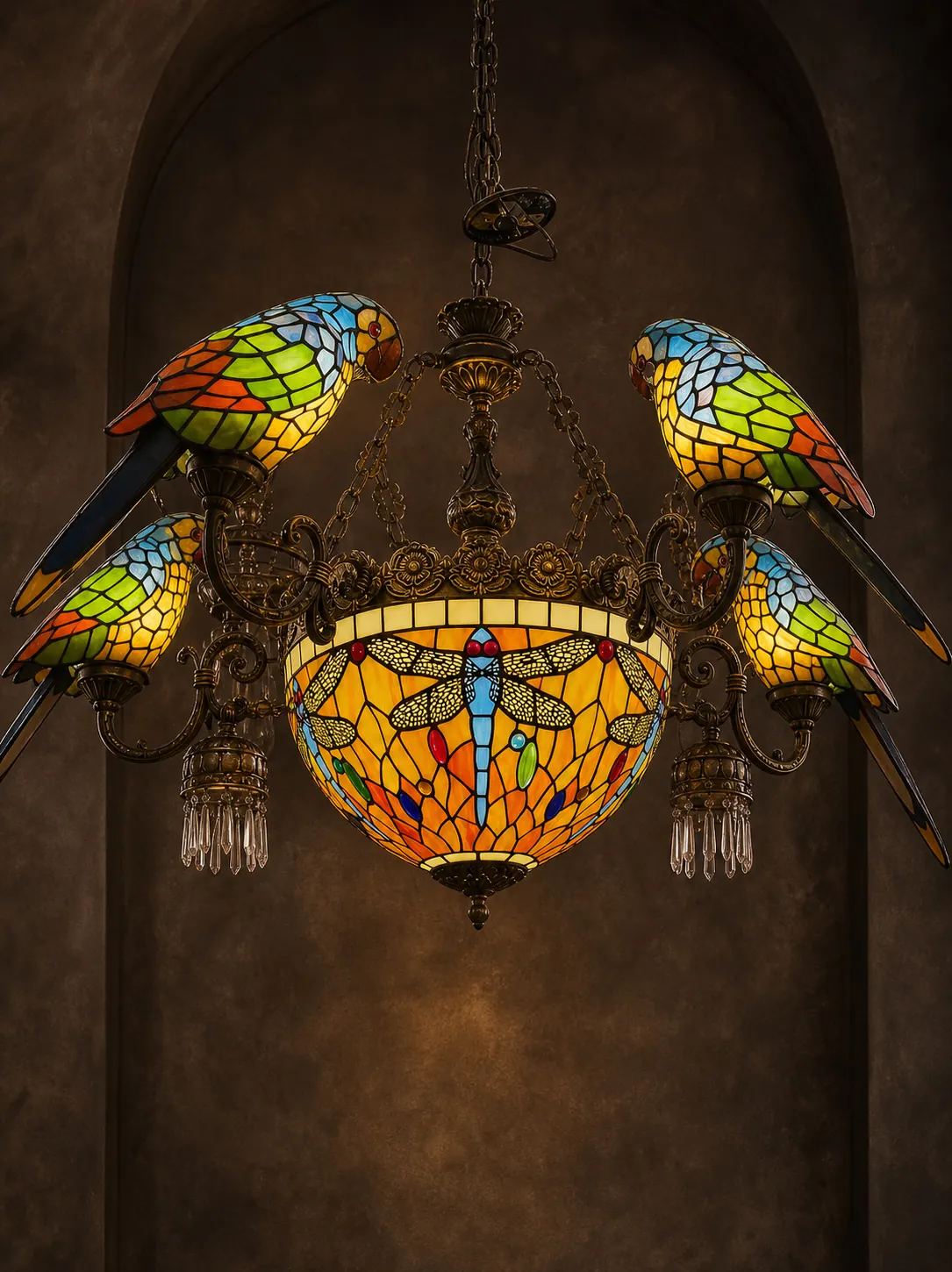 Ornate stained-glass chandelier with parrots and a dragonfly bowl
