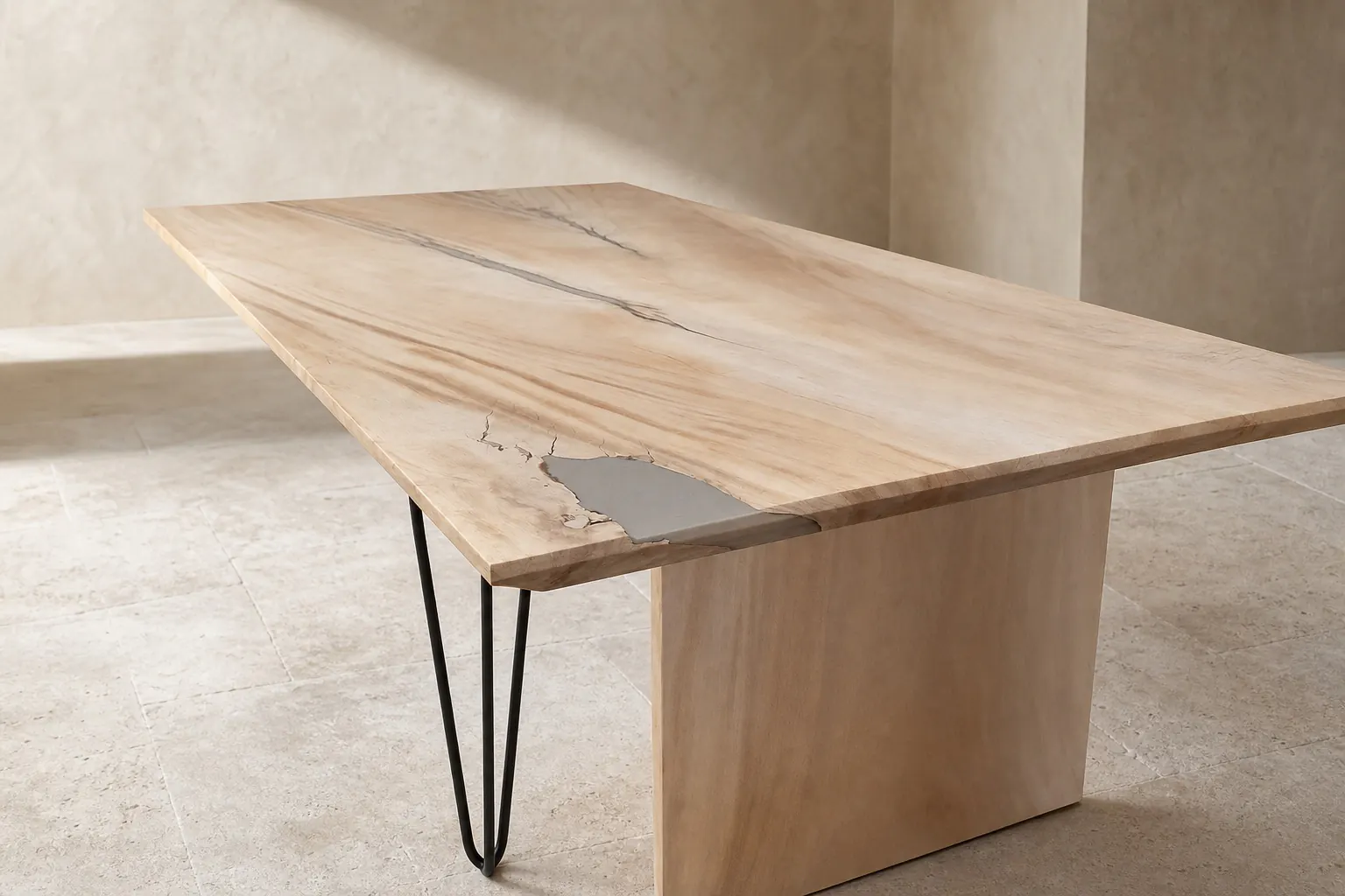 Pale solid wood dining table with subtle dark resin-filled fissures