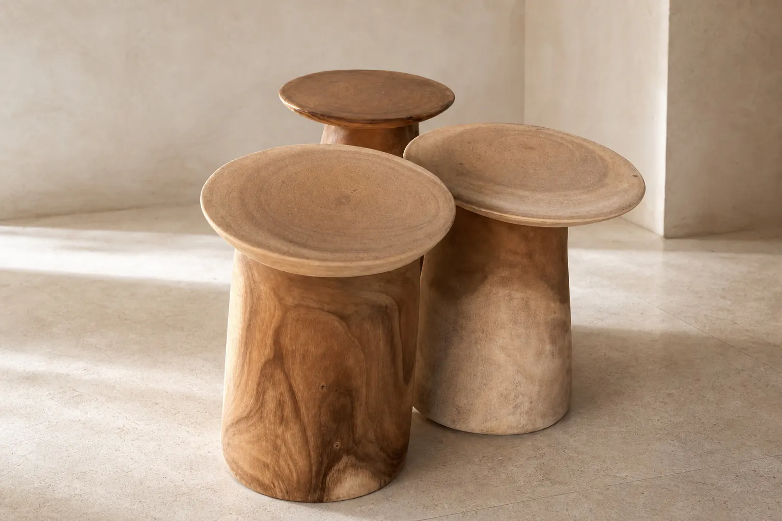 Three sculptural solid teak stools in a warm limestone gallery
