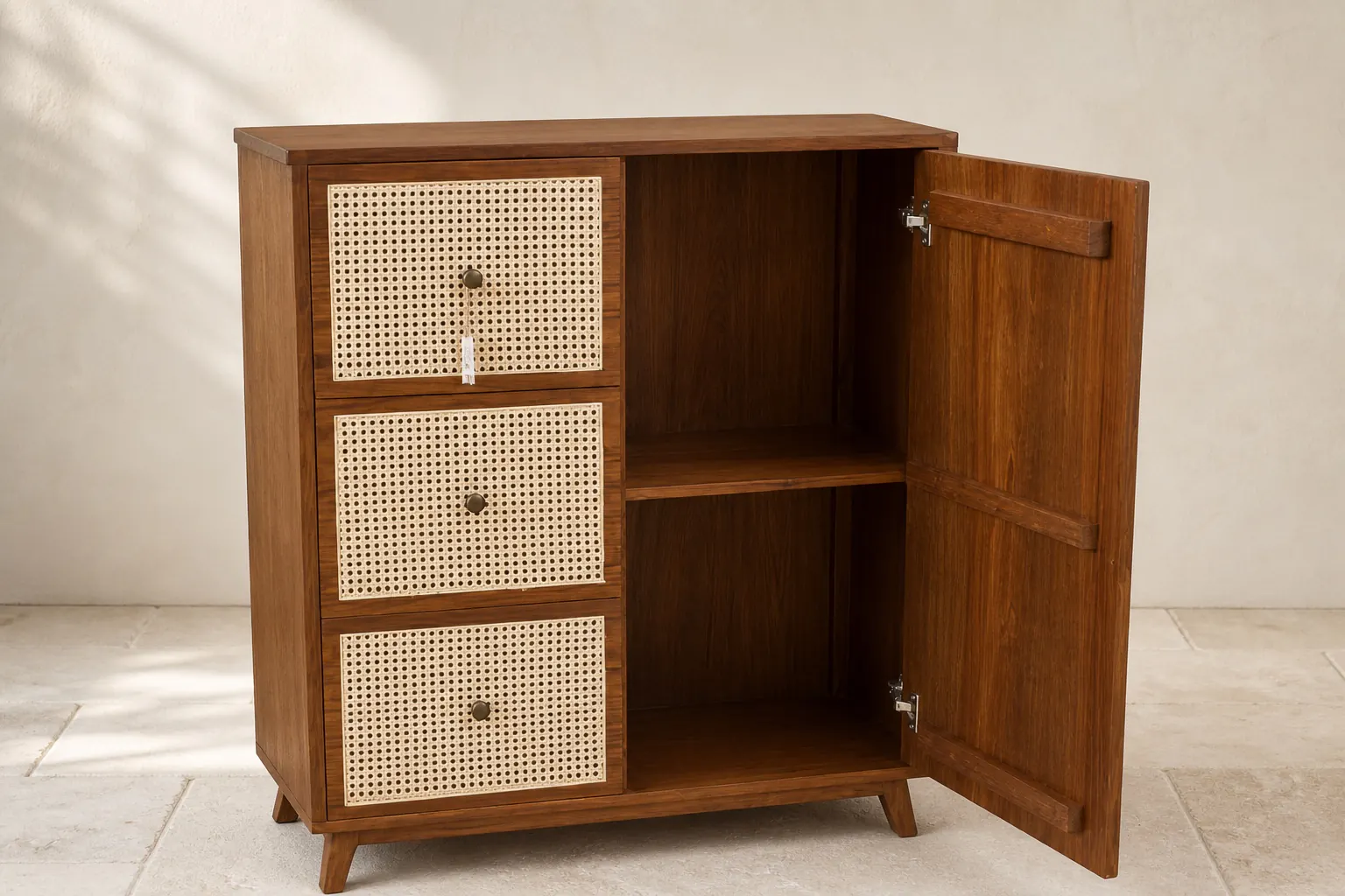 Wood and woven cane storage cabinet with its door open