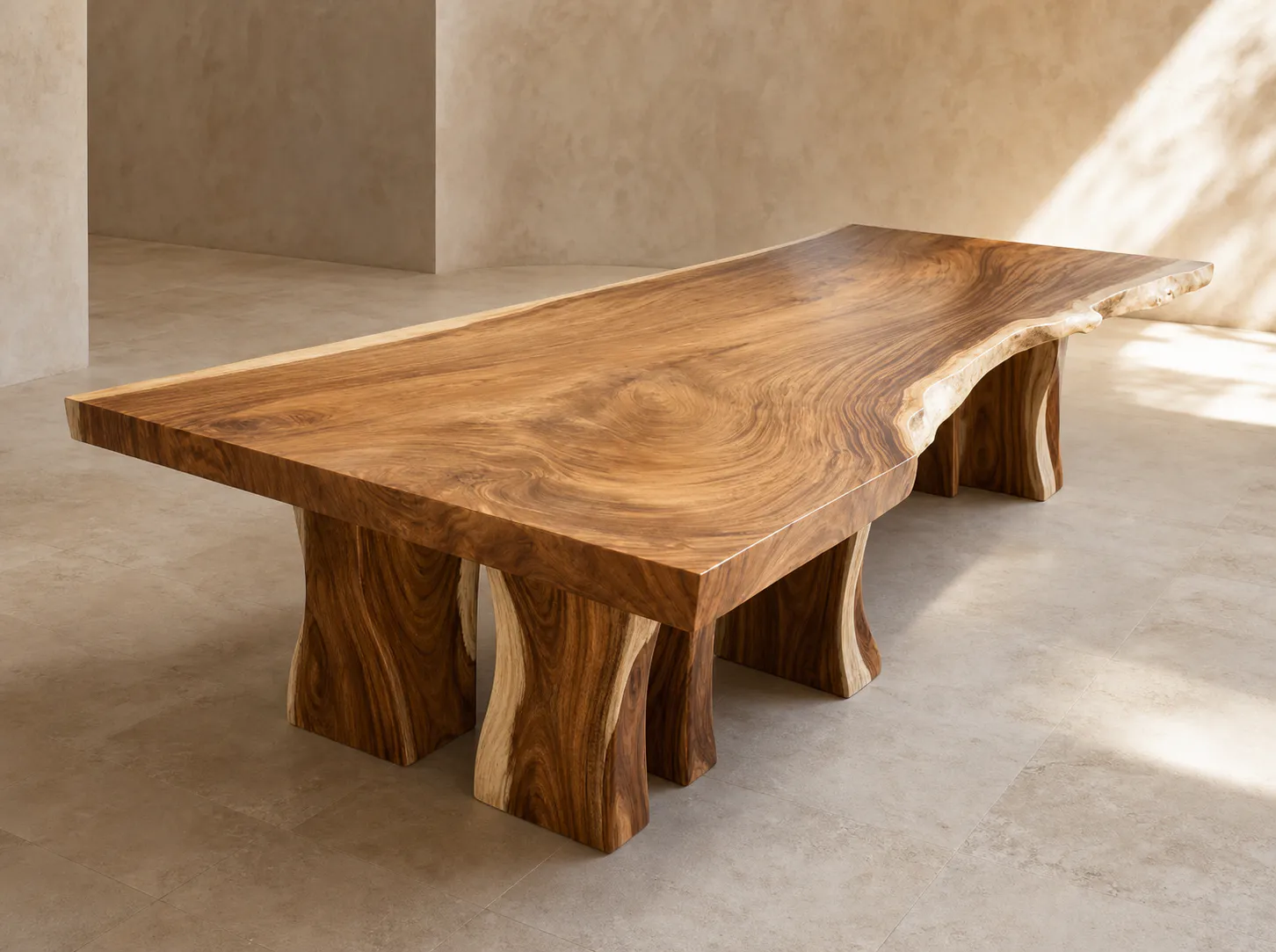 Grand solid teak live-edge dining table in a warm architectural interior