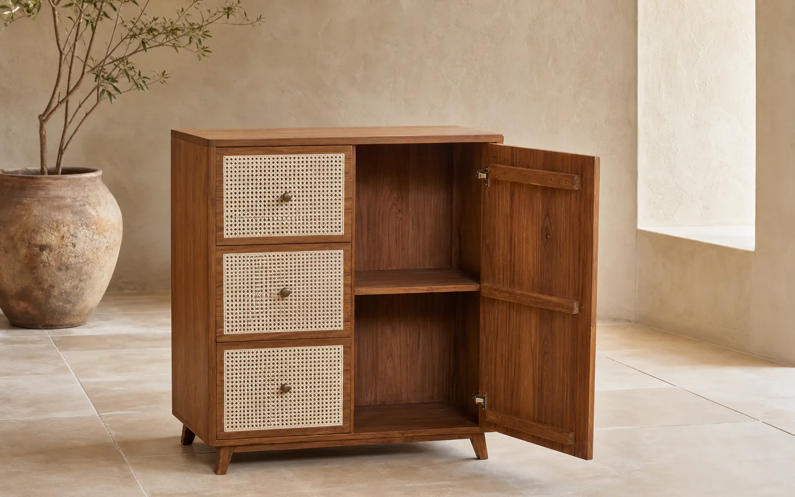 Solid teak cabinet with woven cane fronts made in Thailand