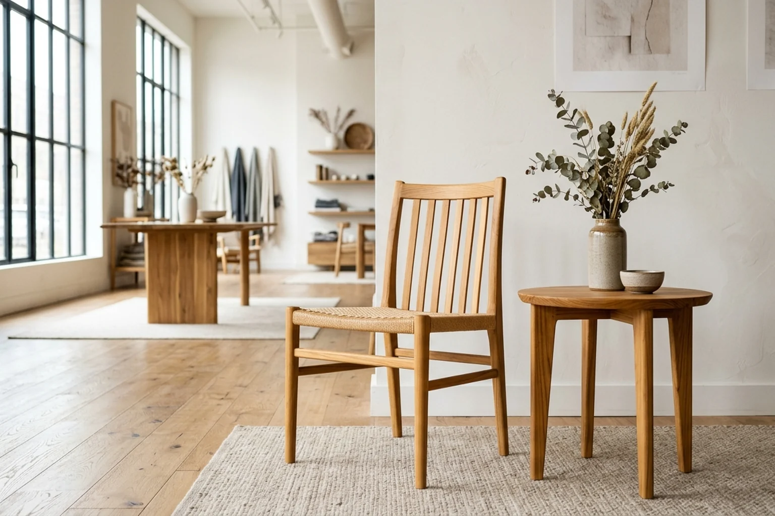 Solid teak dining chair and side table in a bright showroom interior