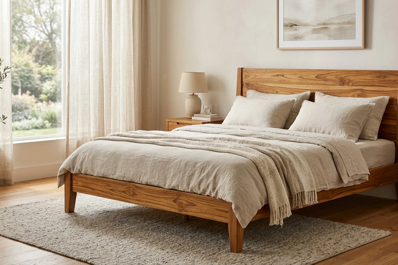 Solid teak bed frame with warm wood grain in a serene modern bedroom