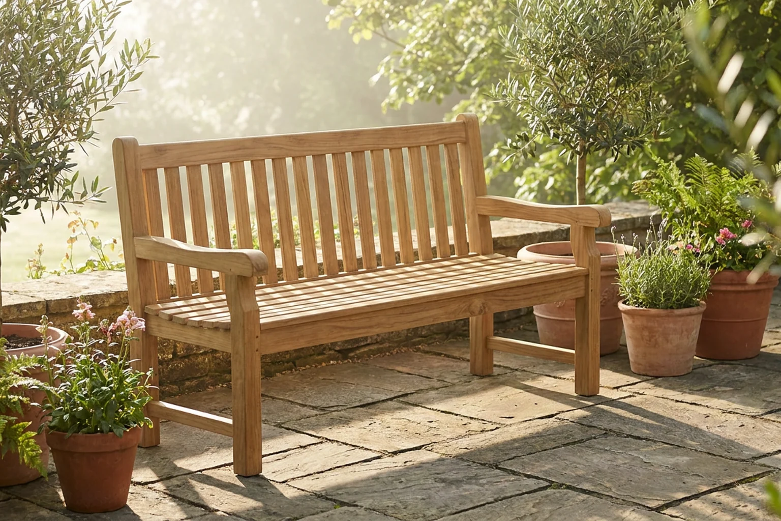 Solid teak bench on a stone terrace with potted plants