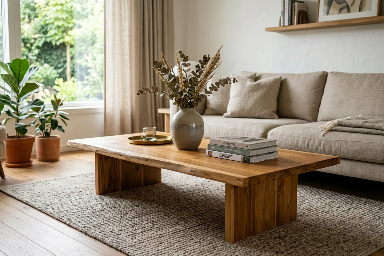 Solid teak coffee table in a warm modern living room