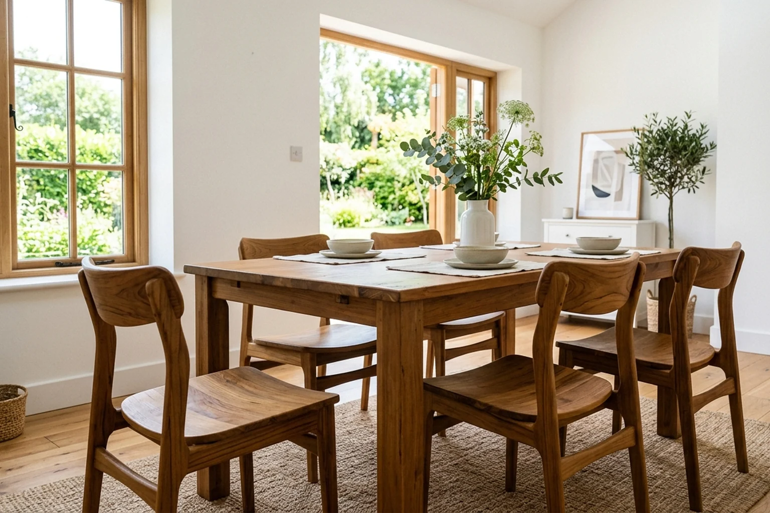 Set of solid teak dining chairs around a teak dining table in a bright interior