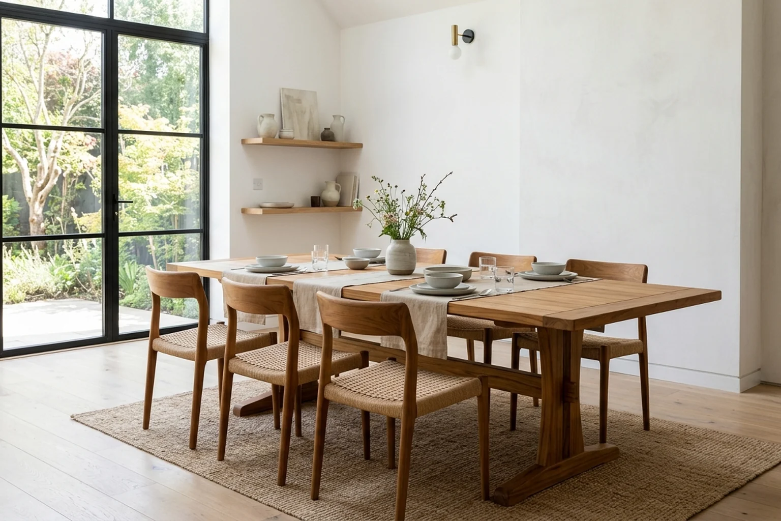 Solid teak dining table with matching chairs in a bright interior
