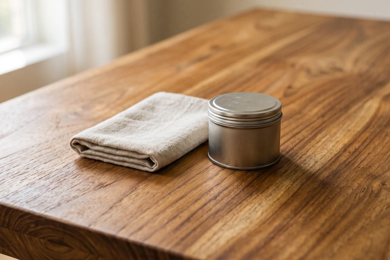 Close-up of an oiled solid teak tabletop with a tin of wood oil and a folded cloth