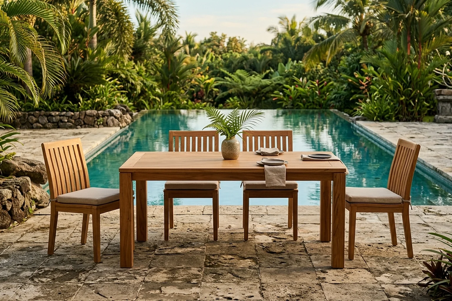 Solid teak outdoor dining set beside a tropical swimming pool