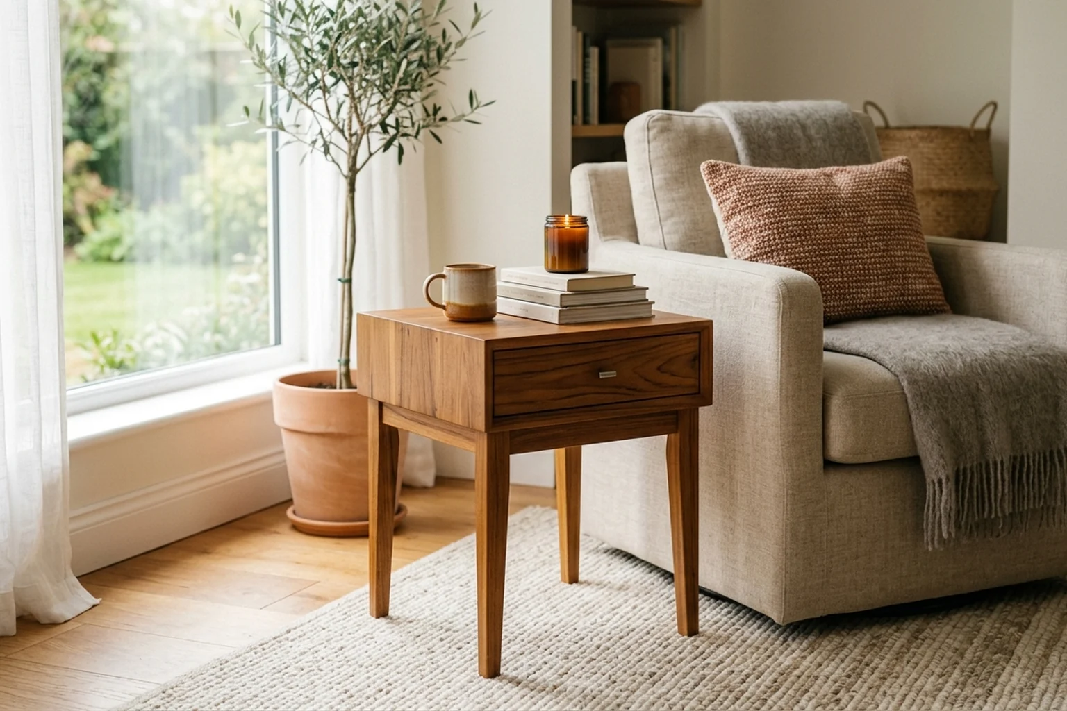 Solid teak side table with a drawer beside an armchair in a warm living room