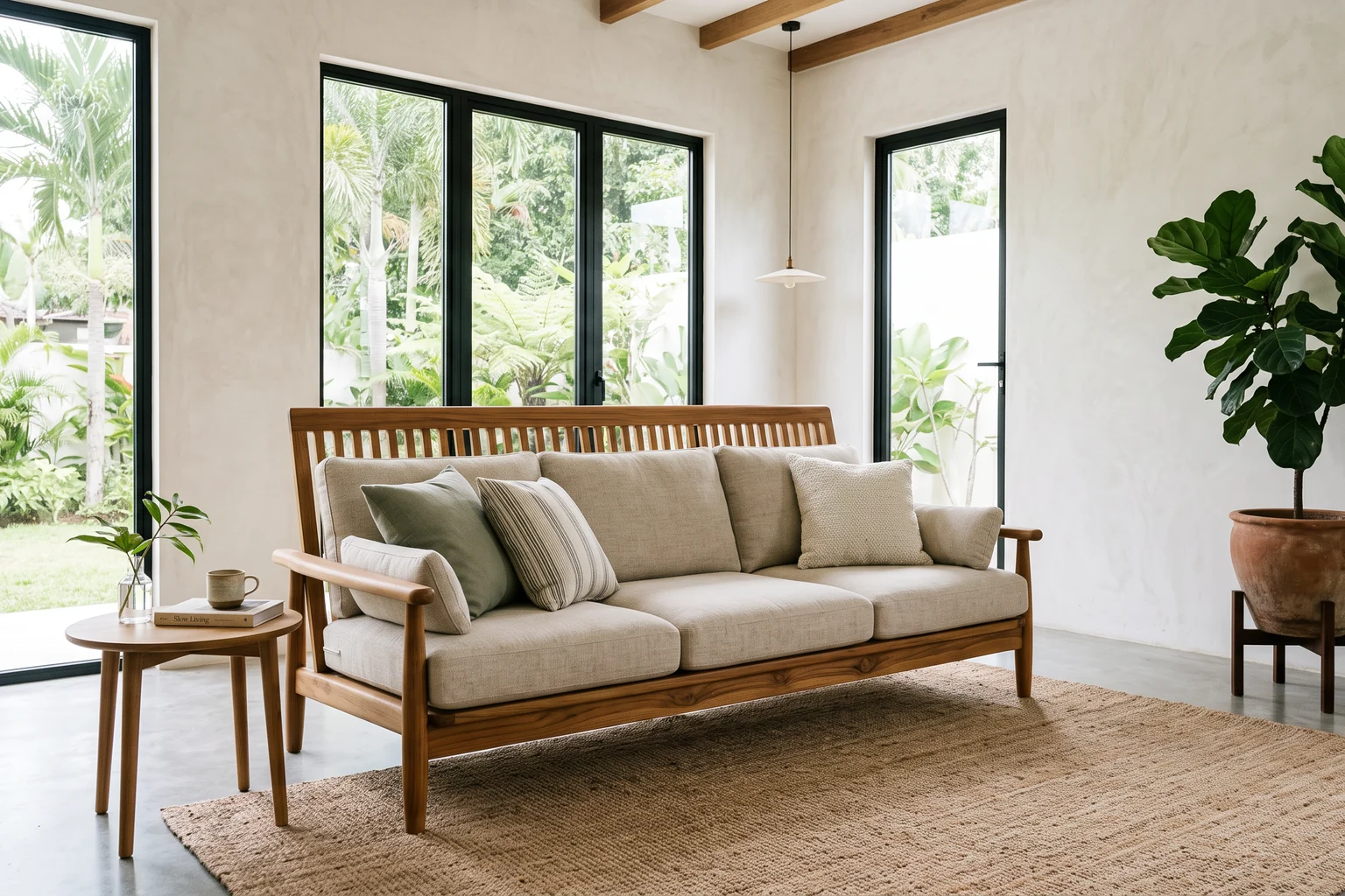 Solid teak sofa with a slatted back and linen cushions in a bright tropical living room