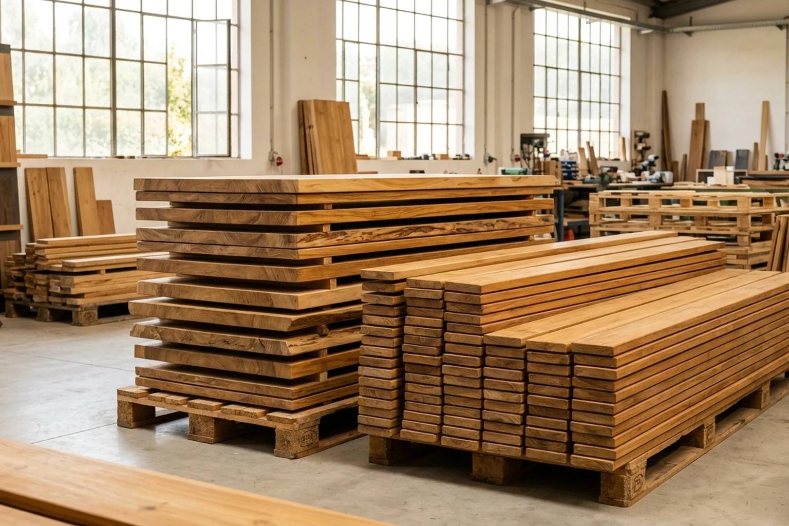 Stacked solid teak table tops and planks in a bright furniture warehouse