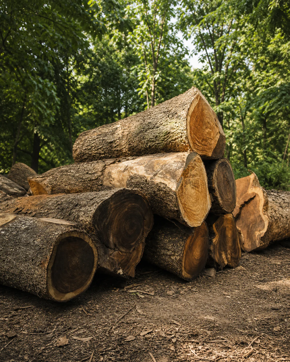Large teak logs with visible heartwood and rough bark in a shaded Thai timber yard