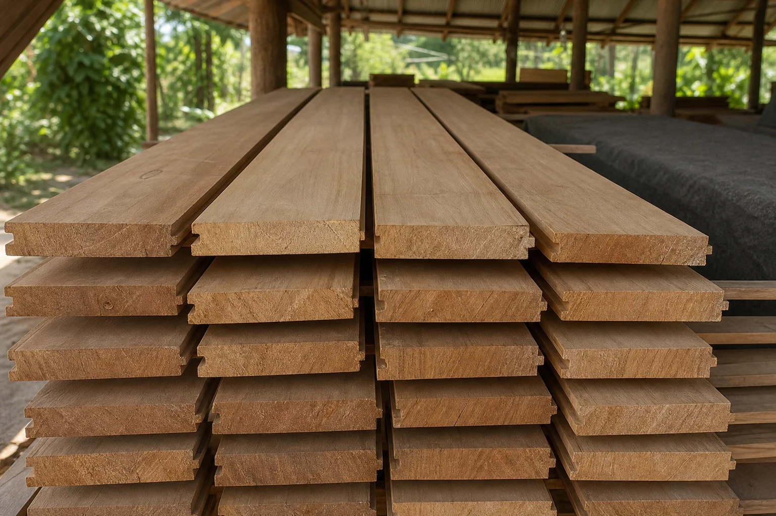 Close view of stacked machined teak boards with tongue-and-groove edge profiles