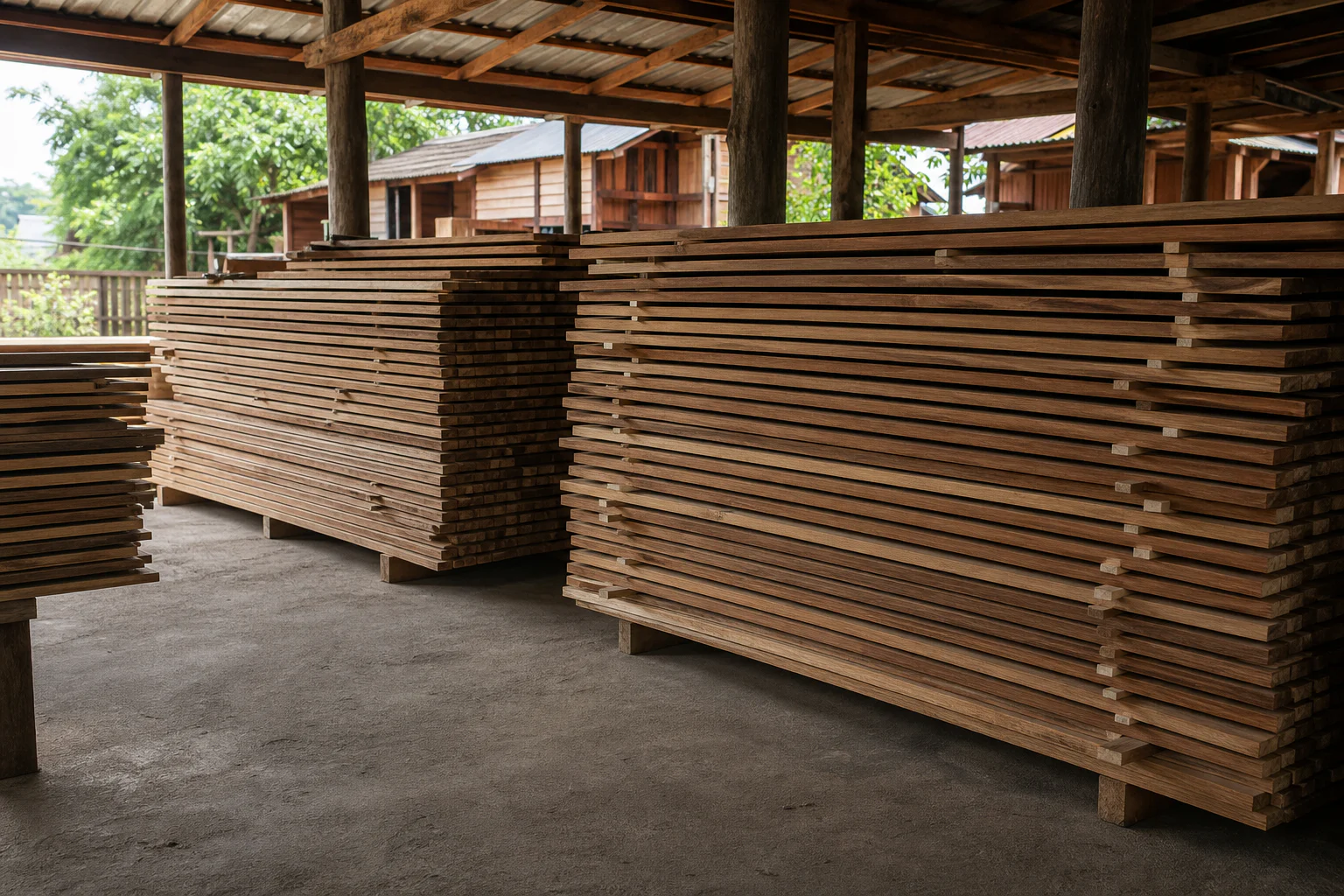Teak boards separated by small spacers and stacked for conditioning in a shaded workshop