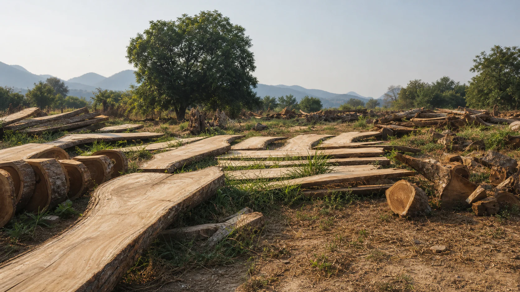 Freshly sawn live-edge teak slabs arranged in a rural yard with low mountains beyond