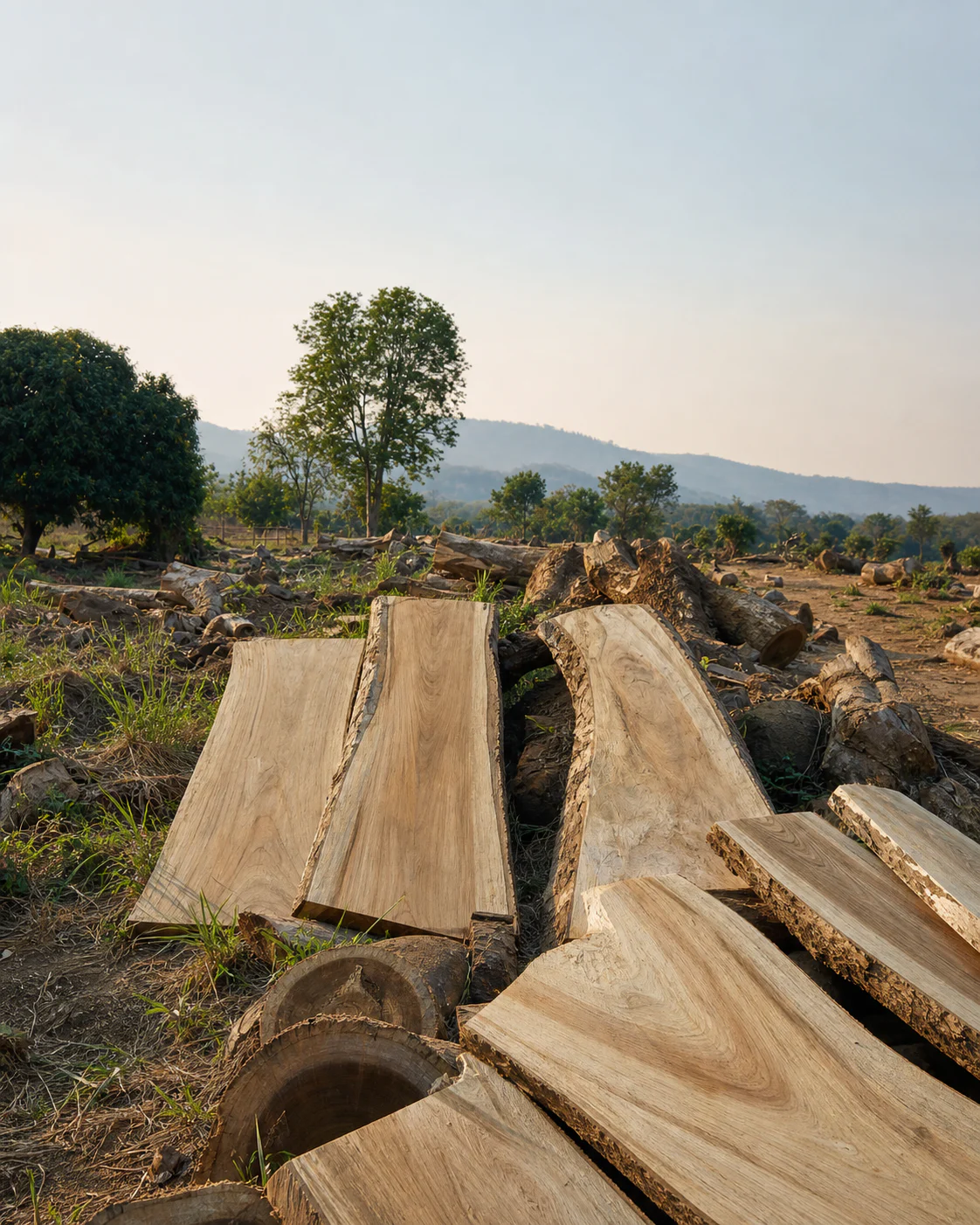 Selected pale live-edge teak slabs resting in an open timber yard in Thailand